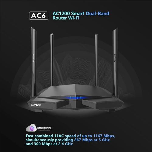  Tenda AC1200 Dual Band WiFi Router, High Speed Wireless Internet Router with Smart App, MU-MIMO for Home (AC6),Black