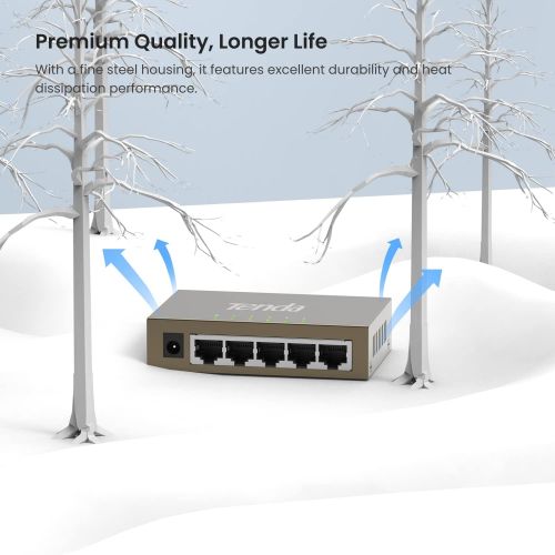  Tenda TEG1005D 5-Port Gigabit Ethernet Unmanaged Switch Desktop Network Splitter Sturdy Metal Fanless Plug & Play Traffic Optimization Limited Lifetime Protection