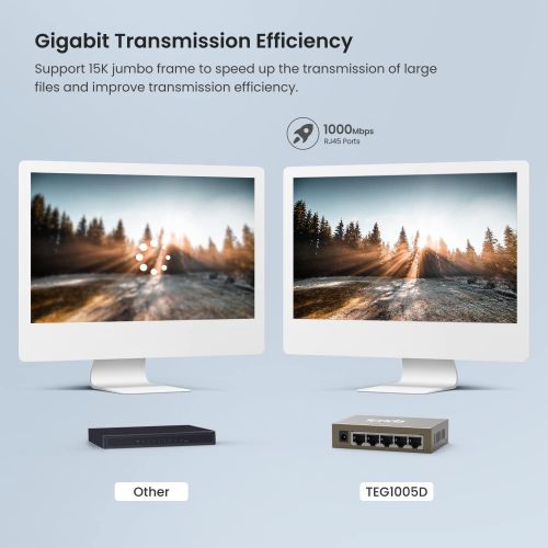  Tenda TEG1005D 5-Port Gigabit Ethernet Unmanaged Switch Desktop Network Splitter Sturdy Metal Fanless Plug & Play Traffic Optimization Limited Lifetime Protection