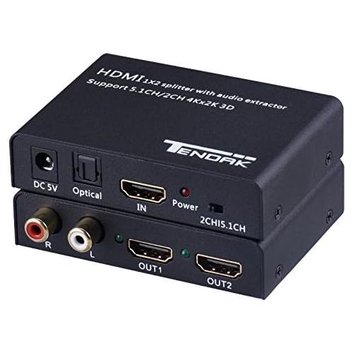  Tendak 1X2 4K HDMI Splitter with HDMI Audio Extractor + Optical and RL Audio Output Powered Splitter 1 in 2 Out Signal Distributor Support 3D for PS4 Xbox One DVD Blu-ray Player H