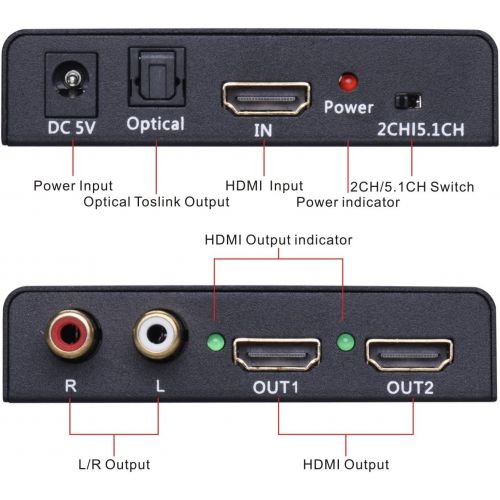  Tendak 1X2 4K HDMI Splitter with HDMI Audio Extractor + Optical and RL Audio Output Powered Splitter 1 in 2 Out Signal Distributor Support 3D for PS4 Xbox One DVD Blu-ray Player H