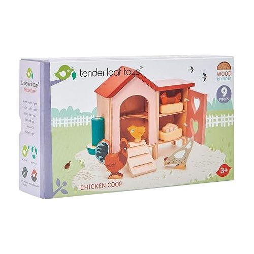  Tender Leaf Toys - Chicken Coop - 9 Pcs Miniature Henhouse Farm Animal Toys, Dollhouse Accessories Pretend Play Set for Kids Imaginative Play - Age 3+