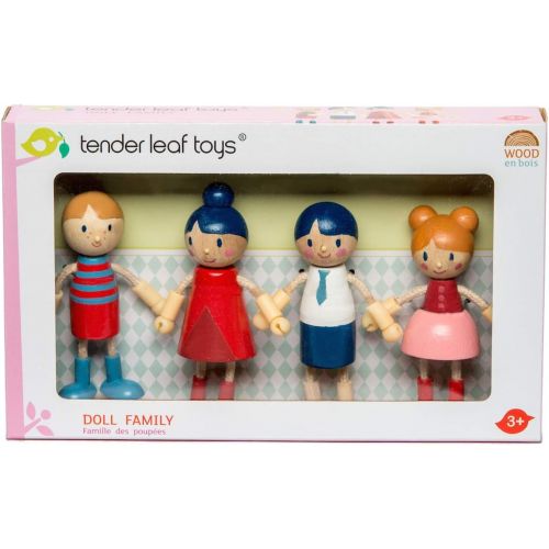  Tender Leaf Toys - Doll Family - Cute Wooden Doll Family for Happy Kids Dollhouse, - Ergonomic Flexible Arms Design - Four-Piece of Mom, Dad, Boy and Girl