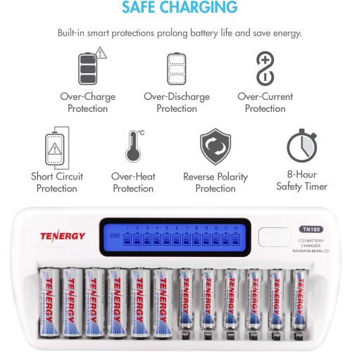  [아마존베스트]Tenergy TN160 LCD Battery Charger 12-Bay Smart Battery Charger for AA/AAA NiMH/NiCd Rechargeable Batteries Charger with Refresh Function Household Battery Charger w/AC Wall Adapter