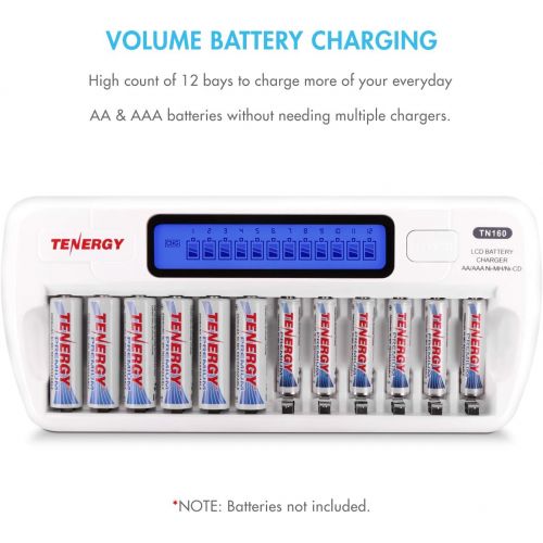  Tenergy TN160 LCD Battery Charger 12-Bay Smart Battery Charger for AA/AAA NiMH/NiCd Rechargeable Batteries Charger with Refresh Function Household Battery Charger w/AC Wall Adapter