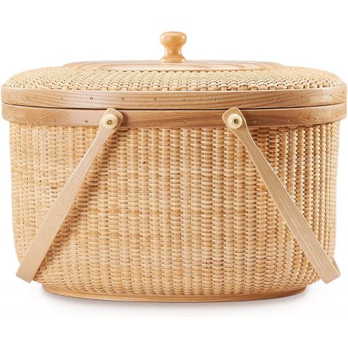  Teng Tian Picnic Basket Handmade Rattan Picnic Basket with Hardwood Walnut Lid and Base