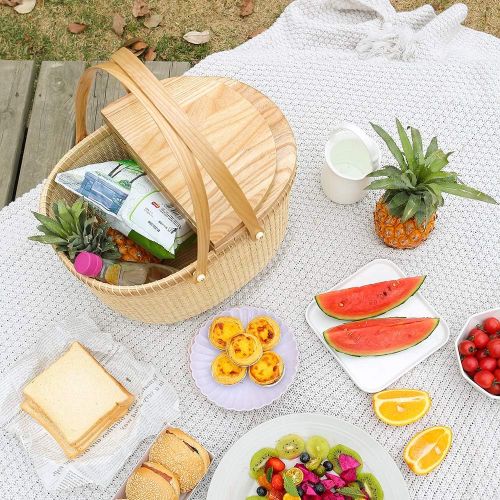  Tengtian Brand Nantucket Basket Picnic Basket Shopping Basket Basket Storage Basket, RattanChinese Traditional Handicrafts Casual Style Natural (Ash Activity Double Open)