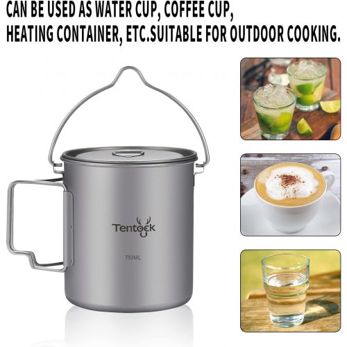  Tentock Titanium Cup Backpacking Lightweight Camping Mug Portable Coffee Mug Outdoor Multifunctional Cooking Pot with Lid and Foldable Handle for Hiking Trekking or Daily Use (750m