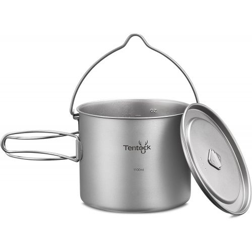  Tentock 1100ml Titanium Pot Portable Hanging Pot Ultralight Camping Kitchen Cookware Pot with Foldable Handle and Lid for Backpacking Hiking Campfire Picnic