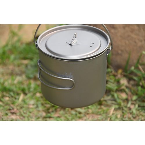  Tentock 1100ml Titanium Pot Portable Hanging Pot Ultralight Camping Kitchen Cookware Pot with Foldable Handle and Lid for Backpacking Hiking Campfire Picnic