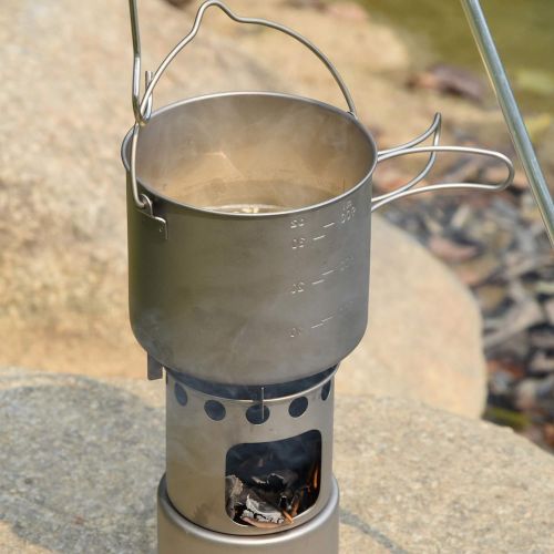  Tentock 1100ml Titanium Pot Portable Hanging Pot Ultralight Camping Kitchen Cookware Pot with Foldable Handle and Lid for Backpacking Hiking Campfire Picnic