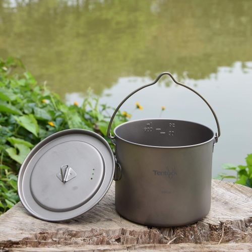  Tentock 1100ml Titanium Pot Portable Hanging Pot Ultralight Camping Kitchen Cookware Pot with Foldable Handle and Lid for Backpacking Hiking Campfire Picnic