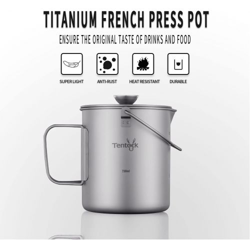  Tentock Titanium Cup Camping Coffee Maker Mug Titanium French Press Pot Portable Outdoor Cooking Pot Lightweight Tea Pot Cup Multi-Functional Travel Mug with Device Filter and Hand