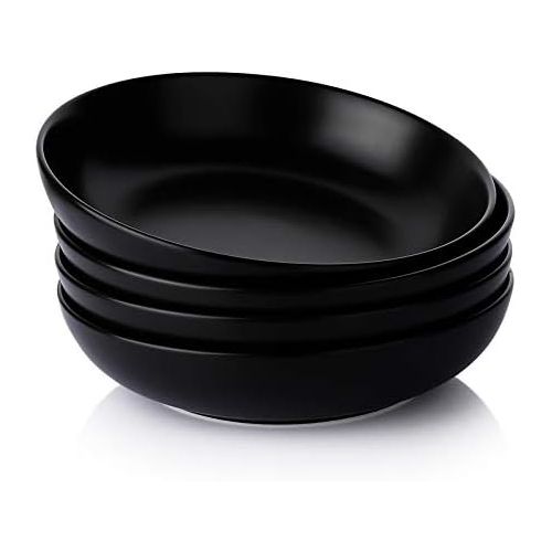  [아마존베스트]Teocera Wide and Shallow Large Porcelain Salad and Pasta Bowls Set of 4 - 35 Ounce Microwave and Dishwasher Safe Serving Dishes, Matte Black