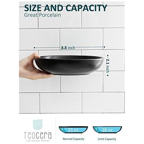  [아마존베스트]Teocera Wide and Shallow Large Porcelain Salad and Pasta Bowls Set of 4 - 35 Ounce Microwave and Dishwasher Safe Serving Dishes, Matte Black