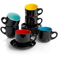 [아마존베스트]Teocera Porcelain Cappuccino Cups with Saucers - 6 Ounce for Coffee Drinks, Latte, Cafe Mocha and Tea - Set of 6, Black Multi Color