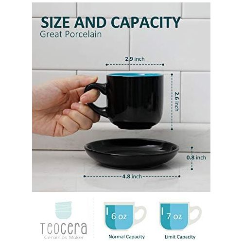  [아마존베스트]Teocera Porcelain Cappuccino Cups with Saucers - 6 Ounce for Coffee Drinks, Latte, Cafe Mocha and Tea - Set of 6, Black Multi Color