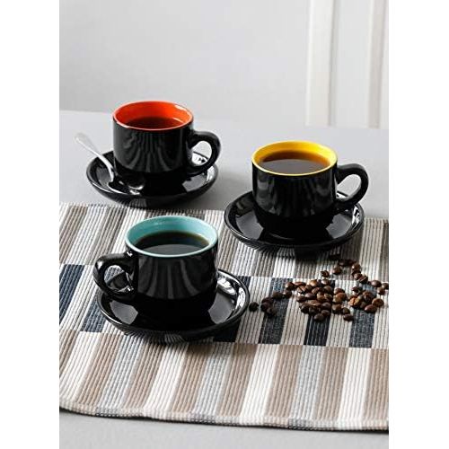  [아마존베스트]Teocera Porcelain Cappuccino Cups with Saucers - 6 Ounce for Coffee Drinks, Latte, Cafe Mocha and Tea - Set of 6, Black Multi Color