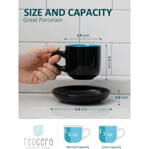  [아마존베스트]Teocera Porcelain Cappuccino Cups with Saucers - 6 Ounce for Coffee Drinks, Latte, Cafe Mocha and Tea - Set of 6, Black Multi Color