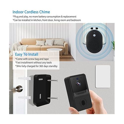  Wireless Video Doorbell, Smart WiFi Ring Doorbell, Security Doorbell Camera W/Visual Bell Chime 2 Way Intercom Night Vision Wide Angle Cloud Storage, Camera Door Bell for Indoor/Outdoor(Black)