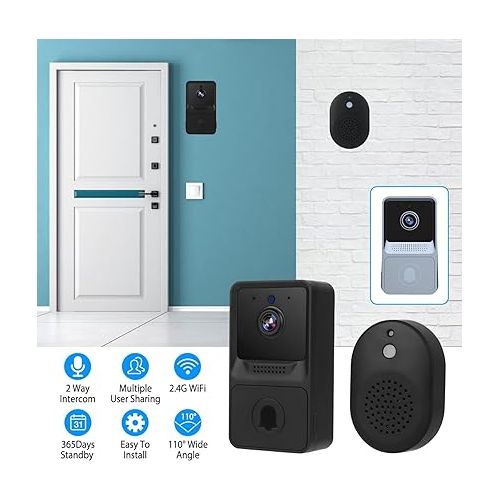  Wireless Video Doorbell, Smart WiFi Ring Doorbell, Security Doorbell Camera W/Visual Bell Chime 2 Way Intercom Night Vision Wide Angle Cloud Storage, Camera Door Bell for Indoor/Outdoor(Black)