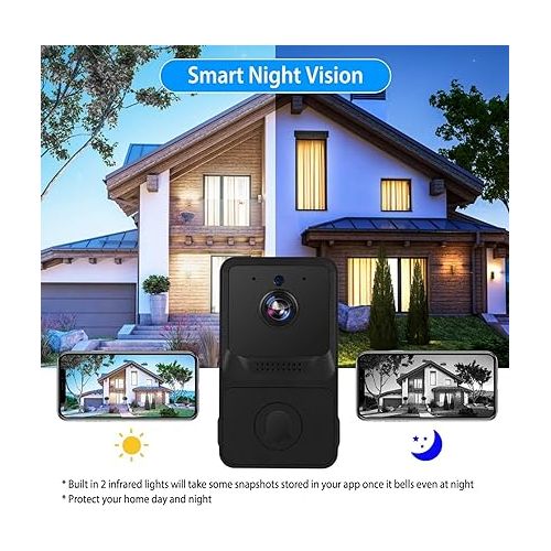  Wireless Video Doorbell, Smart WiFi Ring Doorbell, Security Doorbell Camera W/Visual Bell Chime 2 Way Intercom Night Vision Wide Angle Cloud Storage, Camera Door Bell for Indoor/Outdoor(Black)