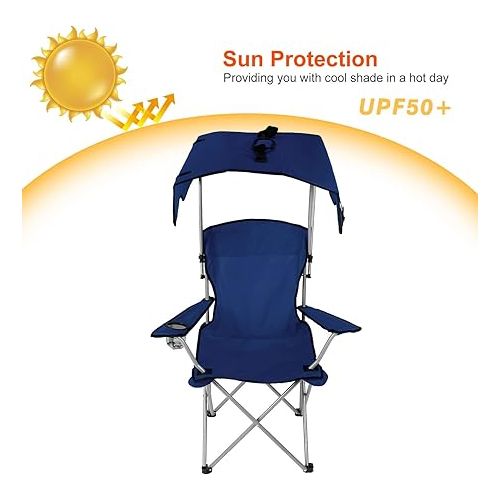  Camping Chair with Canopy, Outdoor Folding Lounge Chair with Adjustable UPF 50+ Sun Shade & Cup Holder, Portable Camping Recliner for Camp Beach Outdoor Sports, 350LB Max Support - U.S Spot