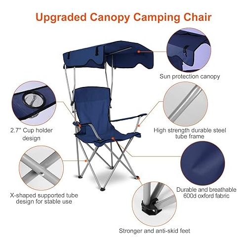  Camping Chair with Canopy, Outdoor Folding Lounge Chair with Adjustable UPF 50+ Sun Shade & Cup Holder, Portable Camping Recliner for Camp Beach Outdoor Sports, 350LB Max Support - U.S Spot