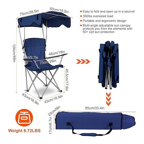  Camping Chair with Canopy, Outdoor Folding Lounge Chair with Adjustable UPF 50+ Sun Shade & Cup Holder, Portable Camping Recliner for Camp Beach Outdoor Sports, 350LB Max Support - U.S Spot