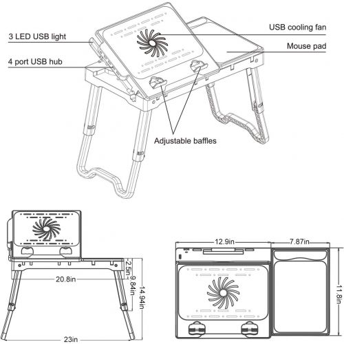  [아마존베스트]TeqHome Laptop Desk for Bed, Adjustable Laptop Bed Table with Fan, Portable Lap Desk with Foldable Legs, Laptop Stand for Couch Sofa Bed Tray with LED Light, 4 USB Ports, Storage,