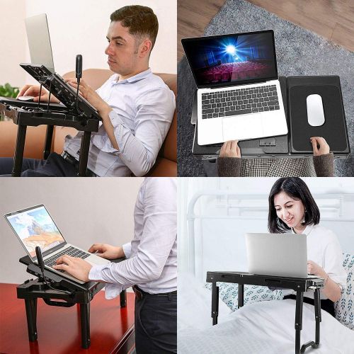  [아마존베스트]TeqHome Laptop Desk for Bed, Adjustable Laptop Bed Table with Fan, Portable Lap Desk with Foldable Legs, Laptop Stand for Couch Sofa Bed Tray with LED Light, 4 USB Ports, Storage,