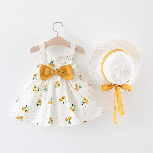  Terbklf terbklf 2Pcs/Set Toddler Baby Kids Girls Sleeveless Cherry Dot Princess Dresses Bow Hat Stylish Korean Style Outfits Set