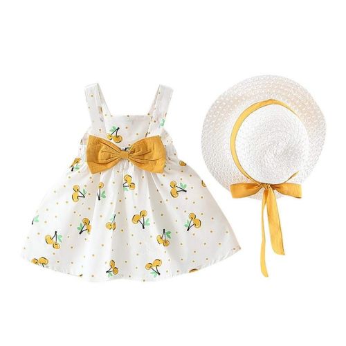  Terbklf terbklf 2Pcs/Set Toddler Baby Kids Girls Sleeveless Cherry Dot Princess Dresses Bow Hat Stylish Korean Style Outfits Set