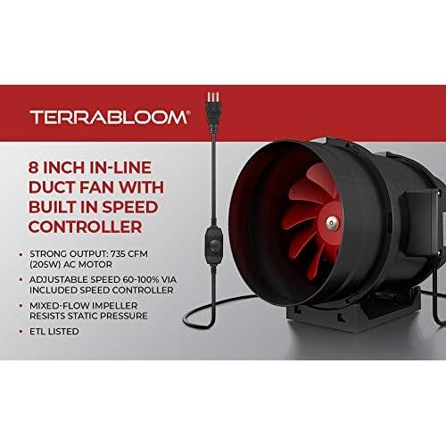  TerraBloom 8 Inch (200 mm) Inline Fan - 735 CFM Exhaust Duct Fan, Built-In Speed Controller, ETL Listed, Pre-Wired 6 FT Grounded Cord - For Use In Grow Tents With Carbon Filters, F