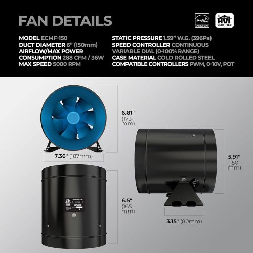  TerraBloom ECMF-150, Quiet 6 Inline Duct Fan with Variable Speed Controller ? Ventilation Exhaust Fan for Heating Cooling Booster and Grow Tents