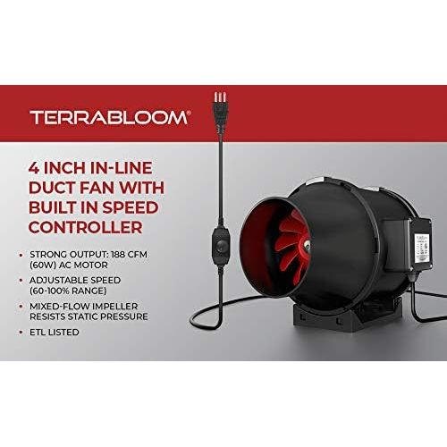  TerraBloom 4 Inch (100 mm) Inline Fan - 188 CFM Exhaust Duct Fan, Built-In Speed Controller, ETL Listed, Pre-Wired 6 FT Grounded Cord - For Use In Grow Tents With Carbon Filters, F