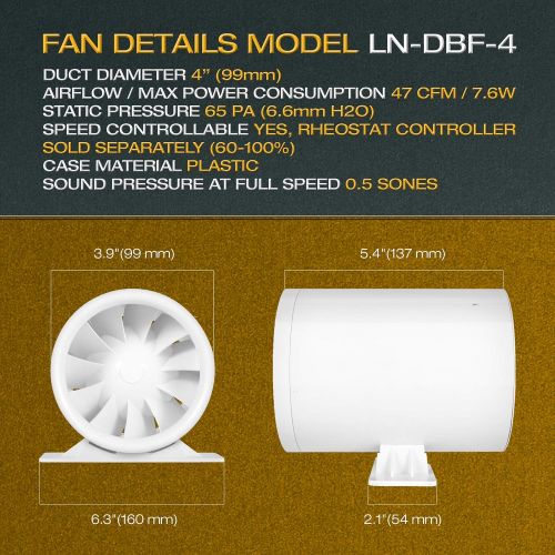  TerraBloom 4 Silent Inline Booster Fan, 47 CFM, Intake Quiet Mixed Flow Energy Efficient Blower for Air Circulation in Ducting, Vents, Grow Tents