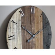 Terrafirma79 Large rustic wall clock, modern FARMHOUSE decor, 36 inch round clock, grey gray brown tan Natural Reclaimed Wood, 5 Year Anniversary gift