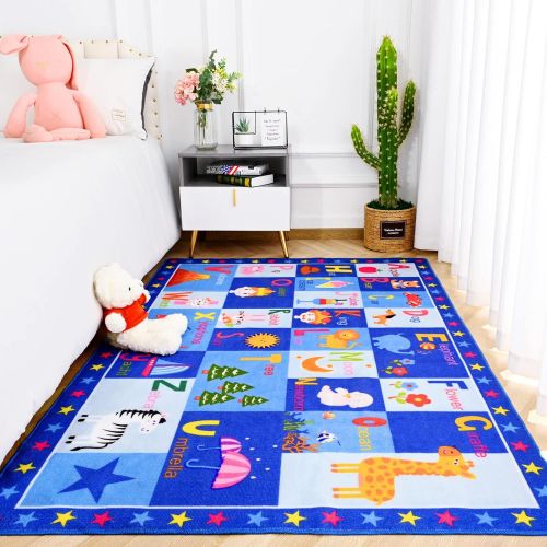  [아마존베스트]Terrug Kids Carpet Playmat Rug -Collection ABC Educational Area Rug - Floor Mats for Boys Girls -Bedroom, Playroom, Living Room Game Play Mat for Little Children 3X5 Feet Blue