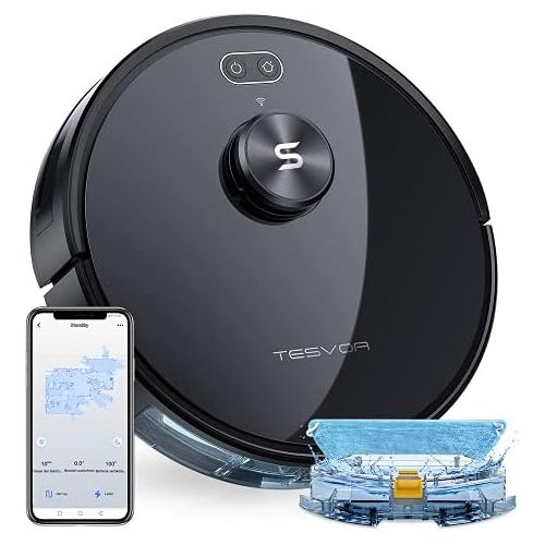  [아마존베스트]Tesvor Robot Vacuum Cleaner, S6 Suction Mop Robot with Laser Navigation, Super Strong 2700 PA Robot Vacuum Cleaner, Run Time 120 Minutes, Allergens, Pet Hair Removal App, Voice Con