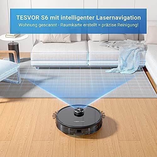  [아마존베스트]Tesvor Robot Vacuum Cleaner, S6 Suction Mop Robot with Laser Navigation, Super Strong 2700 PA Robot Vacuum Cleaner, Run Time 120 Minutes, Allergens, Pet Hair Removal App, Voice Con