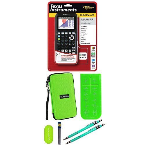  Texas Instruments TI-84 Plus CE Graphing Calculator With Travel Case, And Essential Graphing Accessory Bundle, Green