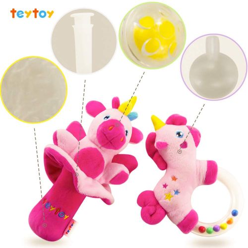  [아마존베스트]Teytoy teytoy 2pcs Soft Baby Rattles, Pink Horse and Angel Pig Baby Girl Toy 3 6 9 12 Month Baby Shower