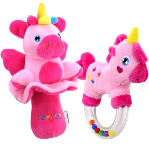  [아마존베스트]Teytoy teytoy 2pcs Soft Baby Rattles, Pink Horse and Angel Pig Baby Girl Toy 3 6 9 12 Month Baby Shower