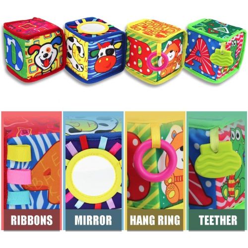  [아마존베스트]Beedool Baby Toy Soft Rattle Baby Blocks My First Active Education Toys Infant Travel toys Foam Grab and Stack Building Blocks Toy with Safety Mirror and Silicone Teether BPA-free