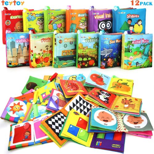  My First Soft Book,TEYTOY Nontoxic Fabric Baby Cloth Activity Crinkle Soft Books for Infants Boys and Girls Early Educational Toys Baby Shower Gift (Pack of 12)