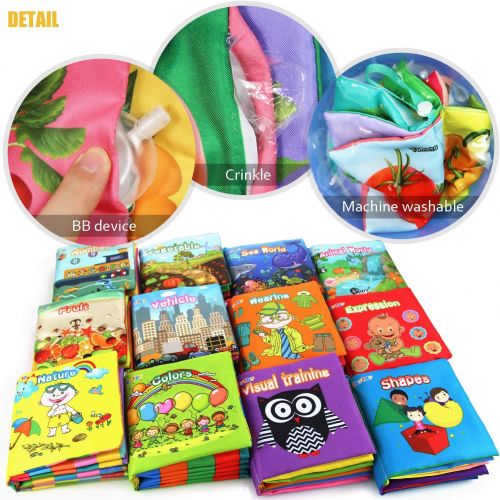  My First Soft Book,TEYTOY Nontoxic Fabric Baby Cloth Activity Crinkle Soft Books for Infants Boys and Girls Early Educational Toys Baby Shower Gift (Pack of 12)