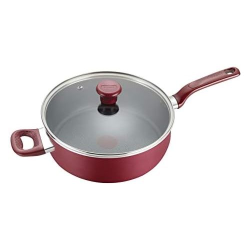 테팔 [아마존베스트]T-fal B0398264 B03982 Excite ProGlide Nonstick Thermo-Spot Heat Indicator Dishwasher Oven Safe Jumbo Cooker with Lid Cookware, 5-Quart, Red, Rio