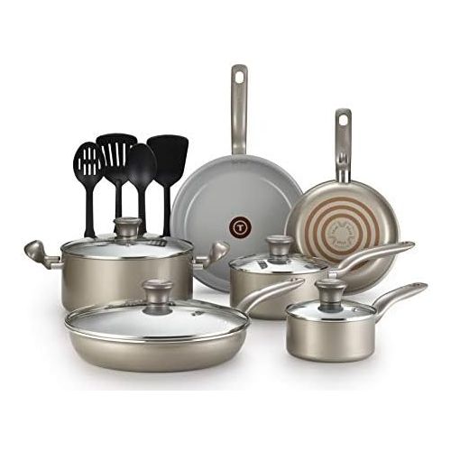 테팔 [아마존베스트]T-fal G919SE64 Initiatives Ceramic Nonstick Dishwasher Safe Toxic Free 14-Piece Cookware Set, Gold - 2100092706