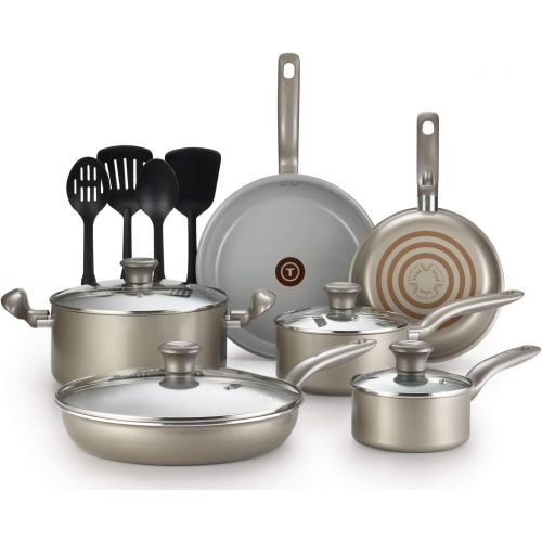 테팔 [아마존베스트]T-fal G919SE64 Initiatives Ceramic Nonstick Dishwasher Safe Toxic Free 14-Piece Cookware Set, Gold - 2100092706